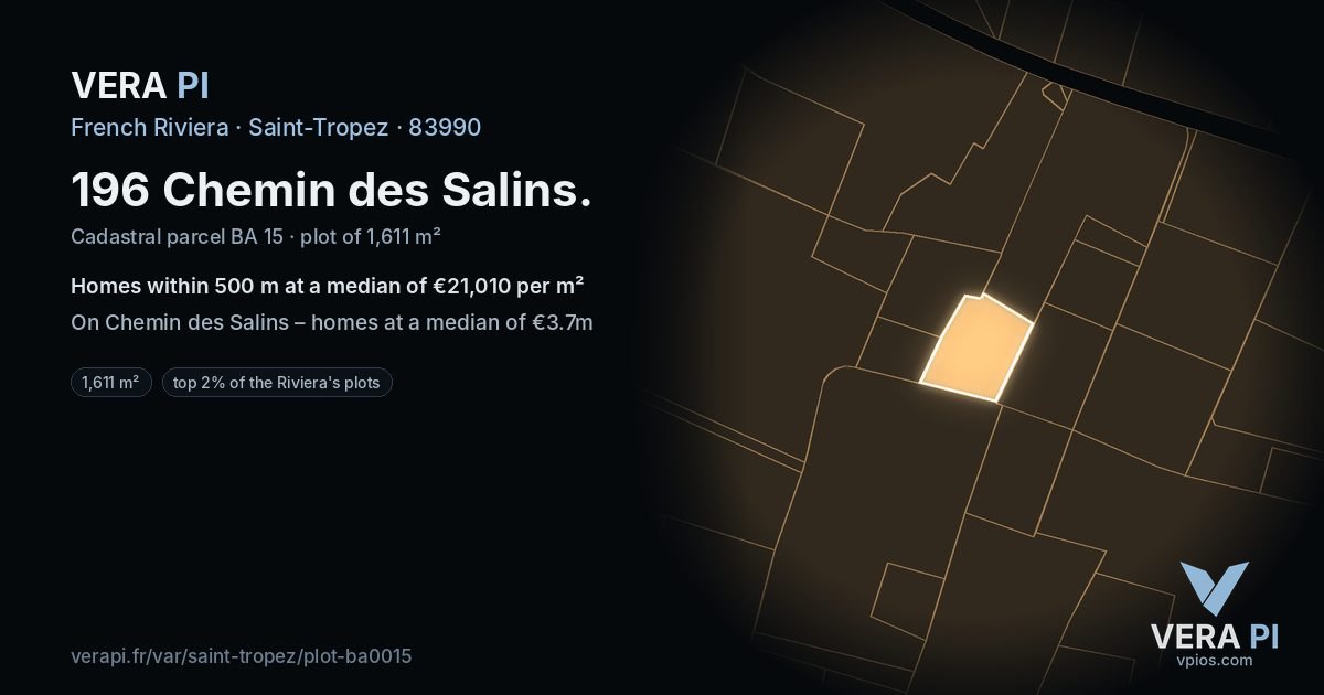 196 Chemin des Salins, Saint-Tropez at night – the plot lit, the parcels around coloured by the prices near them