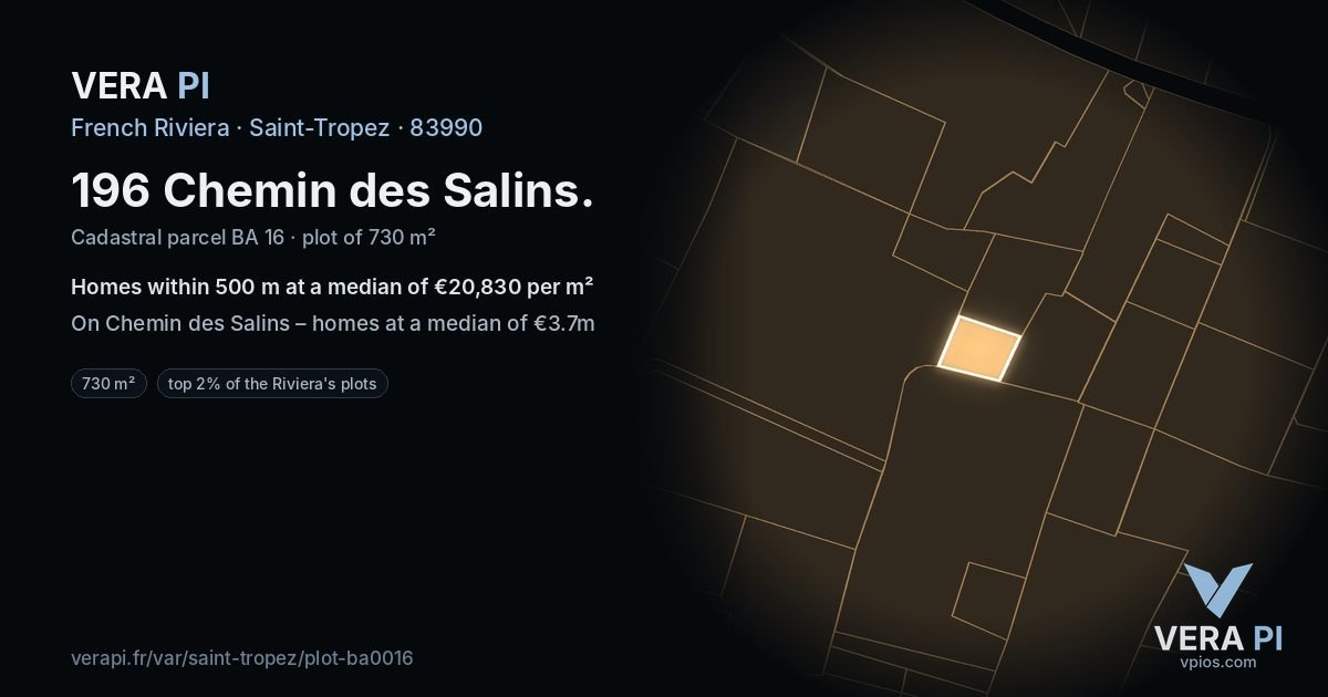 196 Chemin des Salins, Saint-Tropez at night – the plot lit, the parcels around coloured by the prices near them