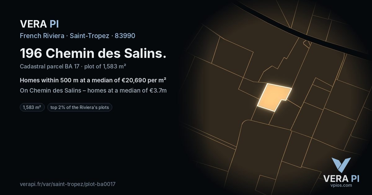 196 Chemin des Salins, Saint-Tropez at night – the plot lit, the parcels around coloured by the prices near them