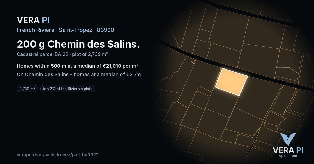 200 g Chemin des Salins, Saint-Tropez at night – the plot lit, the parcels around coloured by the prices near them
