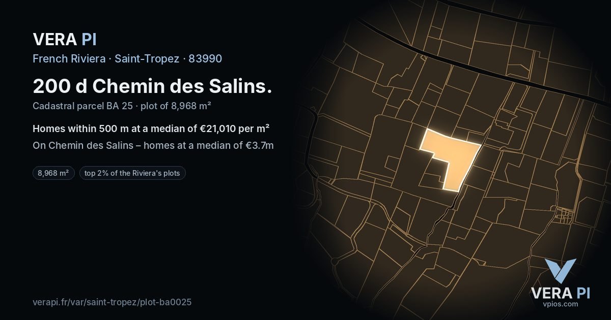 200 d Chemin des Salins, Saint-Tropez at night – the plot lit, the parcels around coloured by the prices near them