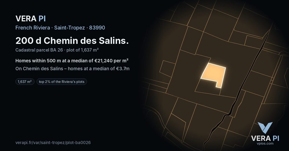 200 d Chemin des Salins, Saint-Tropez at night – the plot lit, the parcels around coloured by the prices near them