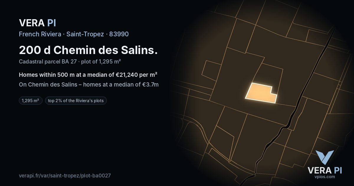 200 d Chemin des Salins, Saint-Tropez at night – the plot lit, the parcels around coloured by the prices near them