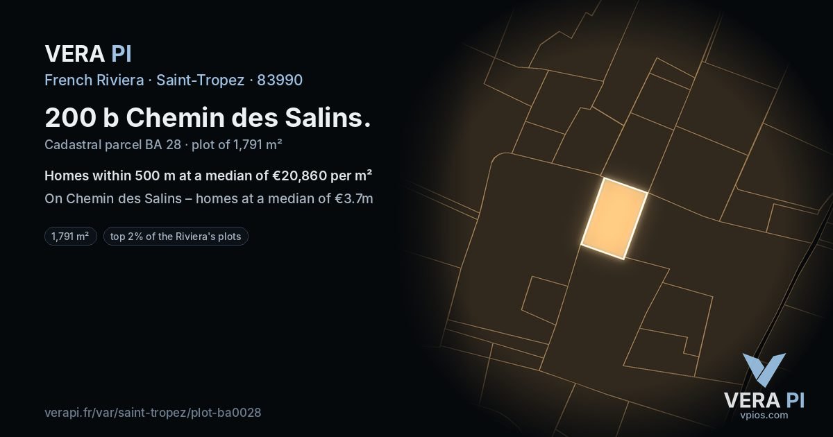 200 b Chemin des Salins, Saint-Tropez at night – the plot lit, the parcels around coloured by the prices near them