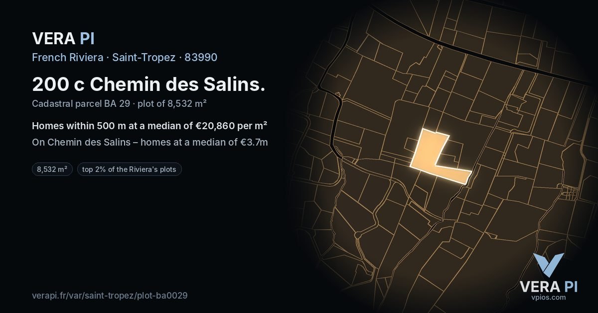200 c Chemin des Salins, Saint-Tropez at night – the plot lit, the parcels around coloured by the prices near them