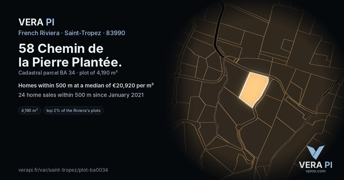 58 Chemin de la Pierre Plantée, Saint-Tropez at night – the plot lit, the parcels around coloured by the prices near them