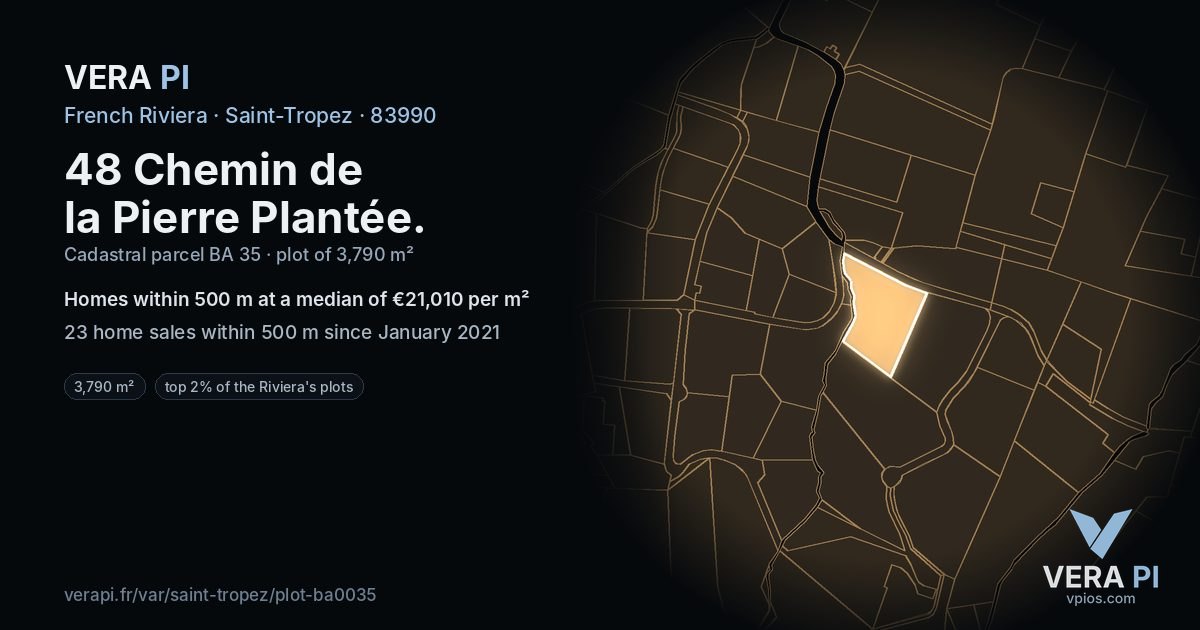 48 Chemin de la Pierre Plantée, Saint-Tropez at night – the plot lit, the parcels around coloured by the prices near them