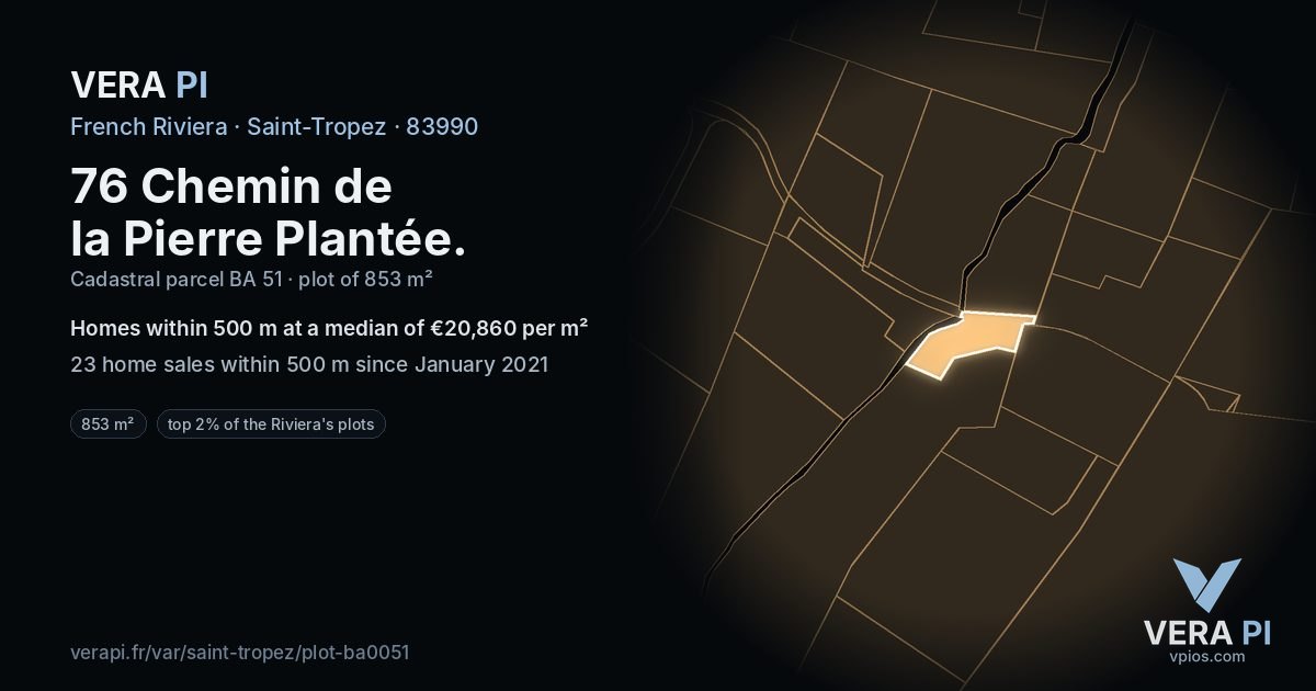 76 Chemin de la Pierre Plantée, Saint-Tropez at night – the plot lit, the parcels around coloured by the prices near them