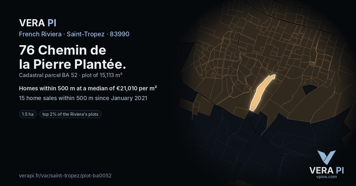 76 Chemin de la Pierre Plantée, Saint-Tropez at night – the plot lit, the parcels around coloured by the prices near them