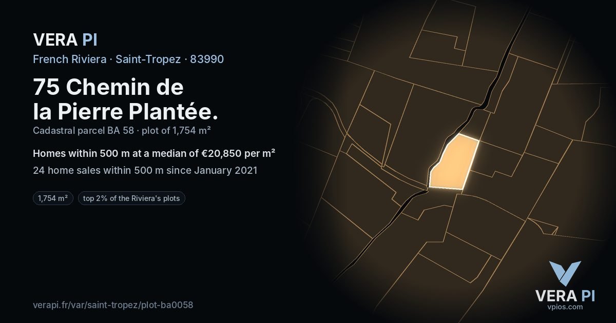 75 Chemin de la Pierre Plantée, Saint-Tropez at night – the plot lit, the parcels around coloured by the prices near them