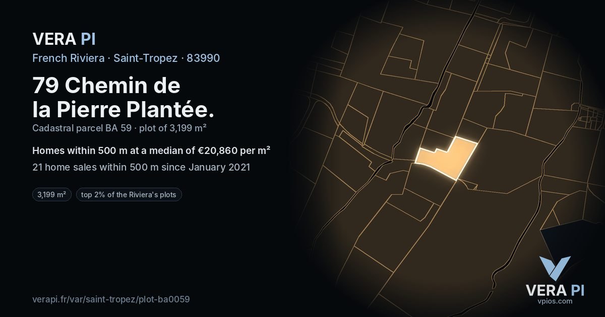 79 Chemin de la Pierre Plantée, Saint-Tropez at night – the plot lit, the parcels around coloured by the prices near them