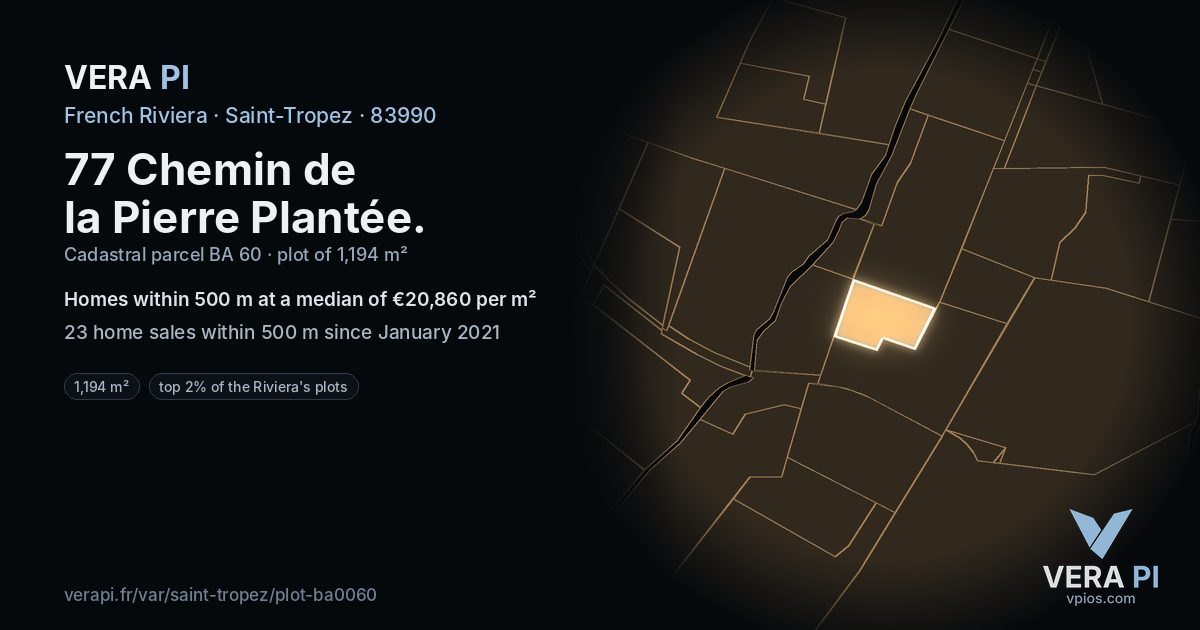 77 Chemin de la Pierre Plantée, Saint-Tropez at night – the plot lit, the parcels around coloured by the prices near them