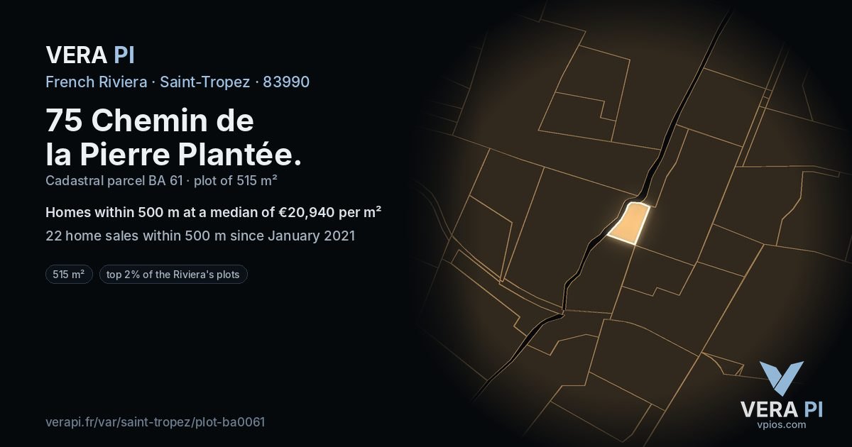75 Chemin de la Pierre Plantée, Saint-Tropez at night – the plot lit, the parcels around coloured by the prices near them
