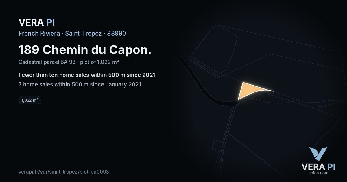 189 Chemin du Capon, Saint-Tropez at night – the plot lit, the parcels around coloured by the prices near them