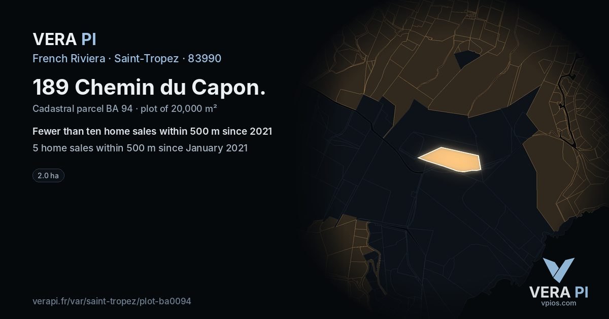 189 Chemin du Capon, Saint-Tropez at night – the plot lit, the parcels around coloured by the prices near them