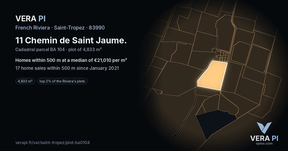 11 Chemin de Saint Jaume, Saint-Tropez at night – the plot lit, the parcels around coloured by the prices near them