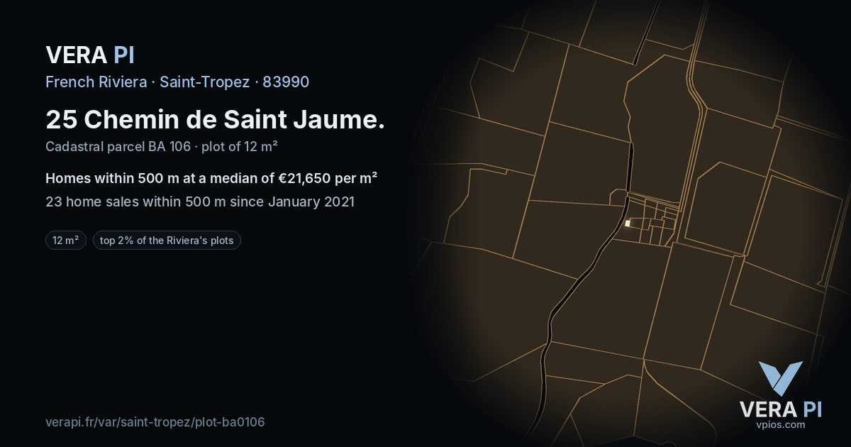 25 Chemin de Saint Jaume, Saint-Tropez at night – the plot lit, the parcels around coloured by the prices near them