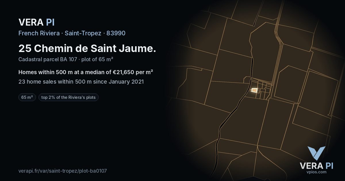 25 Chemin de Saint Jaume, Saint-Tropez at night – the plot lit, the parcels around coloured by the prices near them
