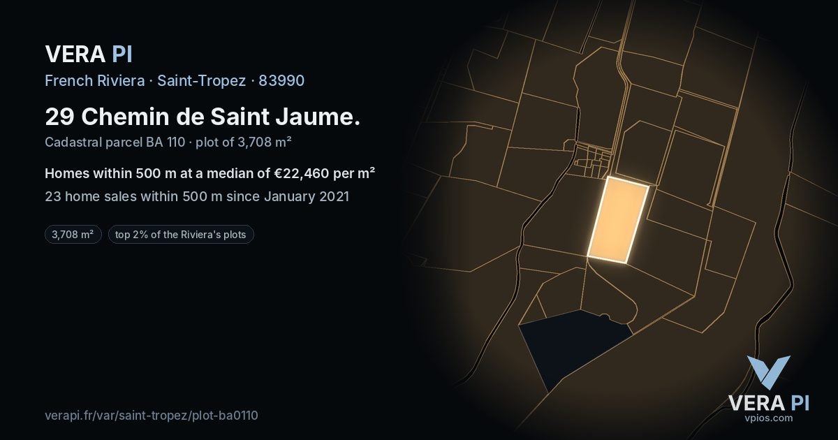 29 Chemin de Saint Jaume, Saint-Tropez at night – the plot lit, the parcels around coloured by the prices near them