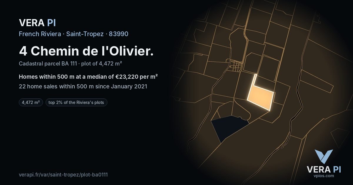 4 Chemin de l'Olivier, Saint-Tropez at night – the plot lit, the parcels around coloured by the prices near them