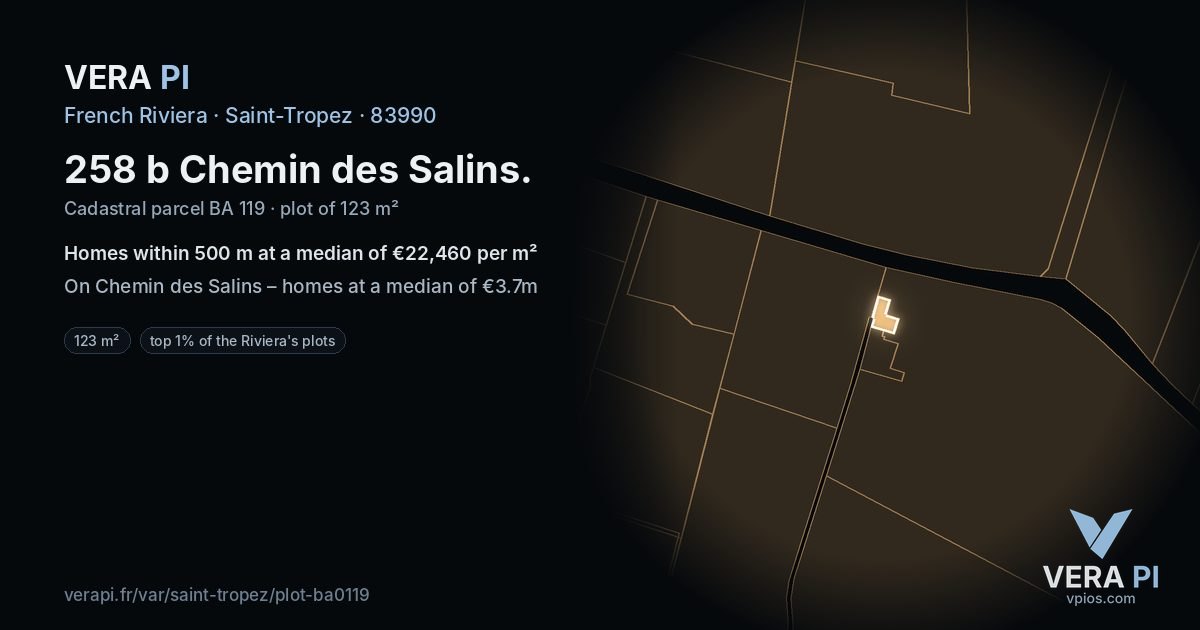 258 b Chemin des Salins, Saint-Tropez at night – the plot lit, the parcels around coloured by the prices near them