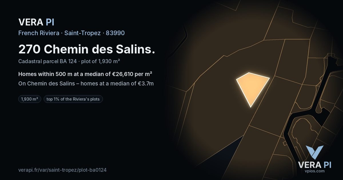 270 Chemin des Salins, Saint-Tropez at night – the plot lit, the parcels around coloured by the prices near them
