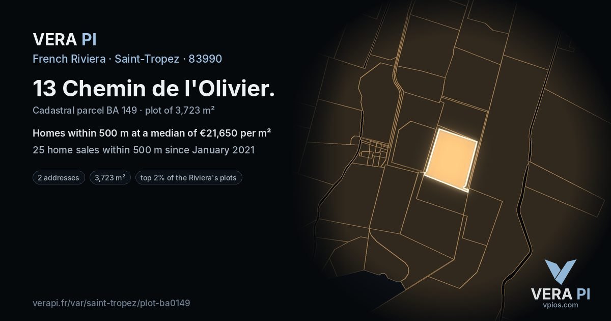 13 Chemin de l'Olivier, Saint-Tropez at night – the plot lit, the parcels around coloured by the prices near them