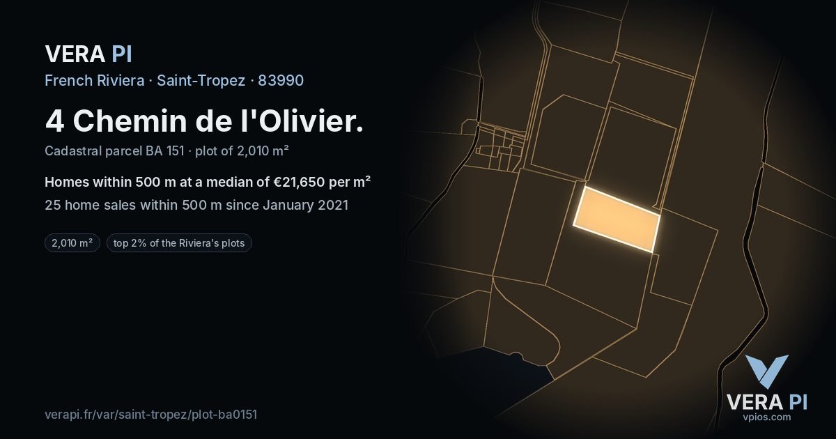 4 Chemin de l'Olivier, Saint-Tropez at night – the plot lit, the parcels around coloured by the prices near them