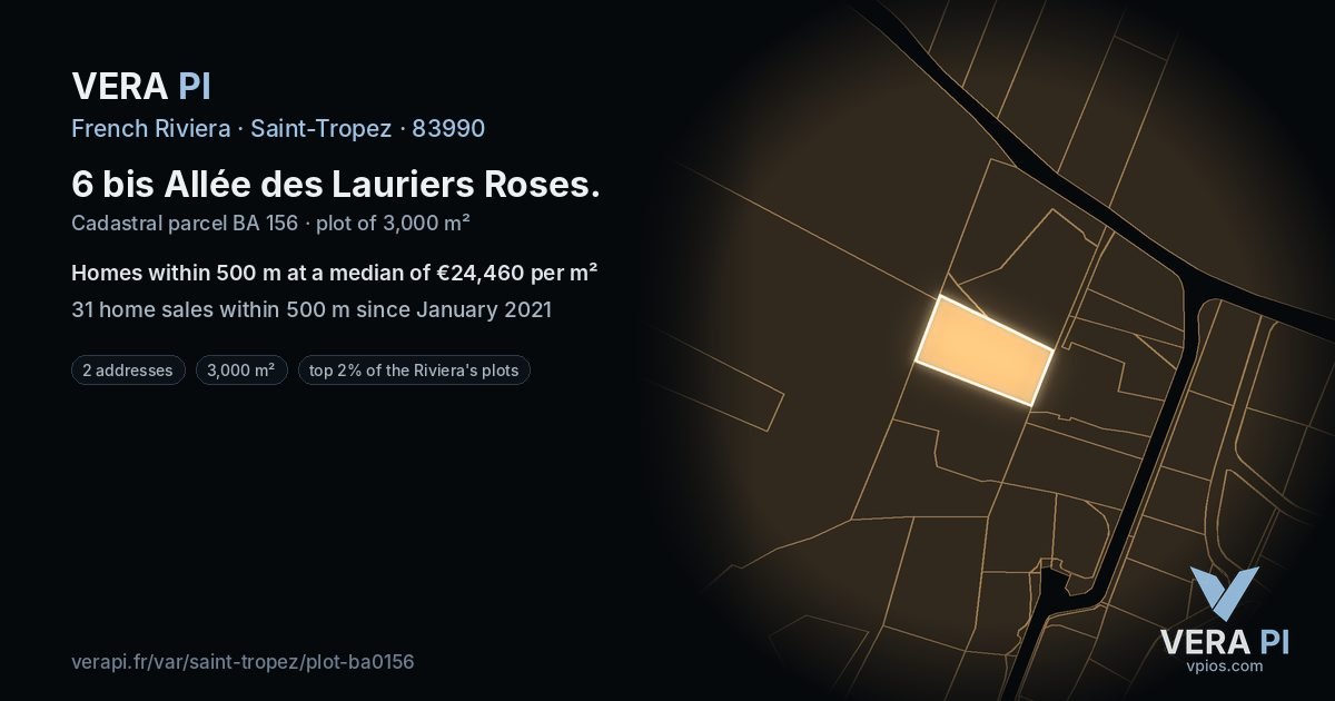 6 bis Allée des Lauriers Roses, Saint-Tropez at night – the plot lit, the parcels around coloured by the prices near them