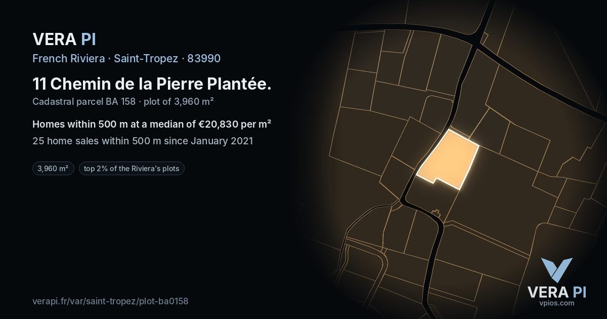 11 Chemin de la Pierre Plantée, Saint-Tropez at night – the plot lit, the parcels around coloured by the prices near them