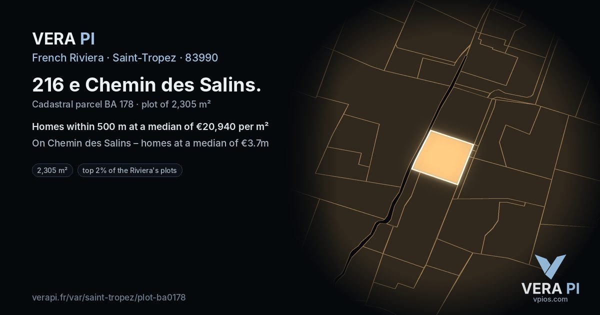 216 e Chemin des Salins, Saint-Tropez at night – the plot lit, the parcels around coloured by the prices near them