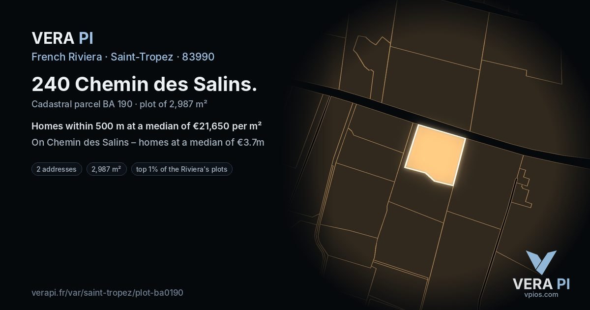 240 Chemin des Salins, Saint-Tropez at night – the plot lit, the parcels around coloured by the prices near them