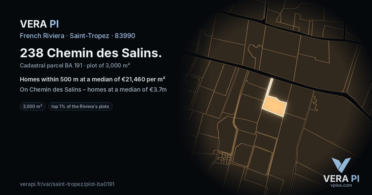 238 Chemin des Salins, Saint-Tropez at night – the plot lit, the parcels around coloured by the prices near them