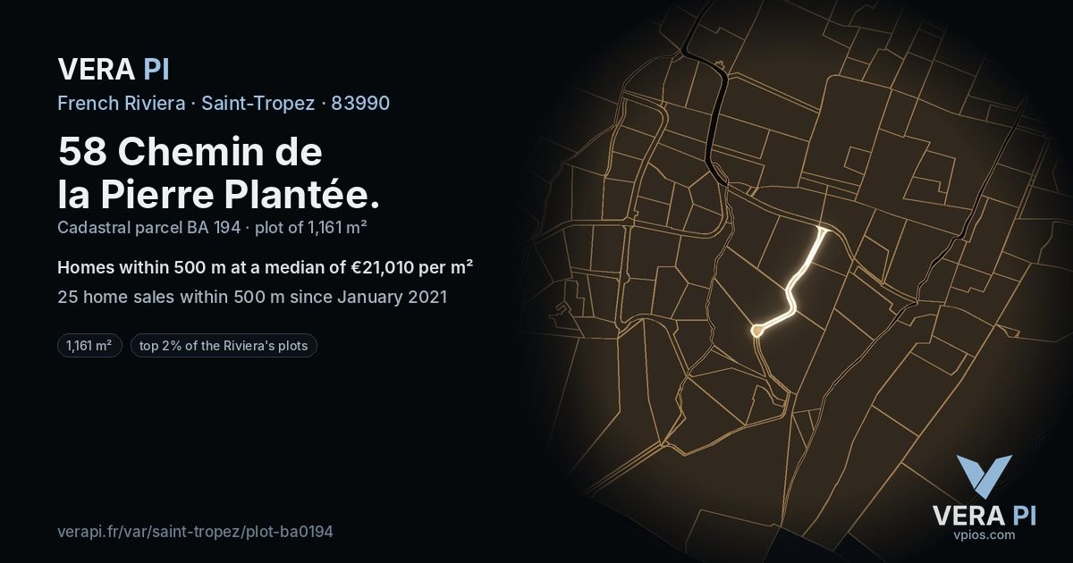58 Chemin de la Pierre Plantée, Saint-Tropez at night – the plot lit, the parcels around coloured by the prices near them