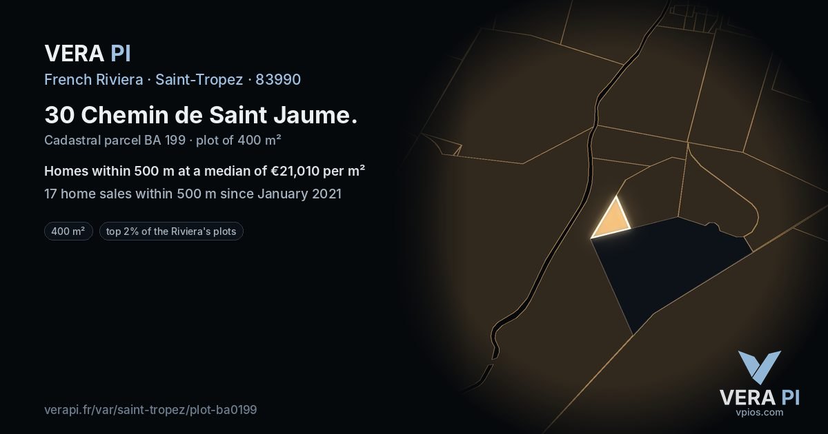30 Chemin de Saint Jaume, Saint-Tropez at night – the plot lit, the parcels around coloured by the prices near them