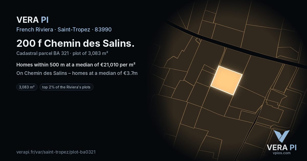 200 f Chemin des Salins, Saint-Tropez at night – the plot lit, the parcels around coloured by the prices near them