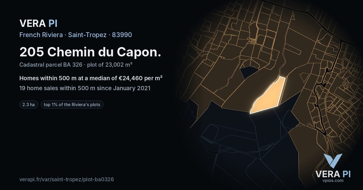 205 Chemin du Capon, Saint-Tropez at night – the plot lit, the parcels around coloured by the prices near them