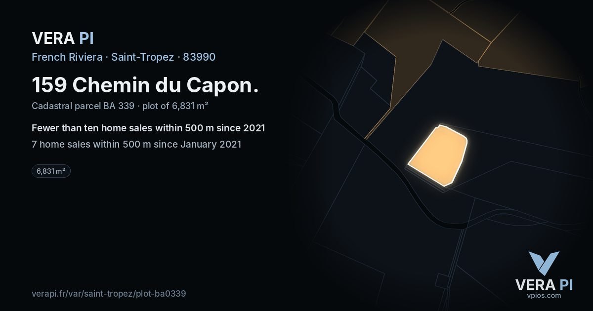 159 Chemin du Capon, Saint-Tropez at night – the plot lit, the parcels around coloured by the prices near them