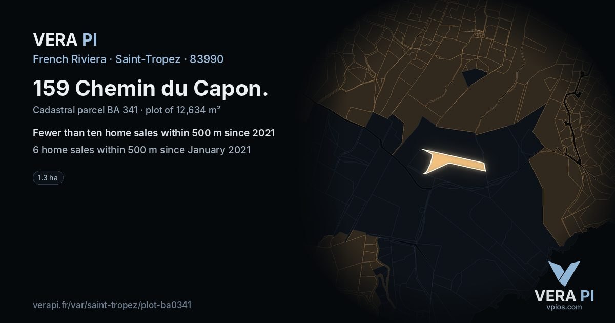 159 Chemin du Capon, Saint-Tropez at night – the plot lit, the parcels around coloured by the prices near them