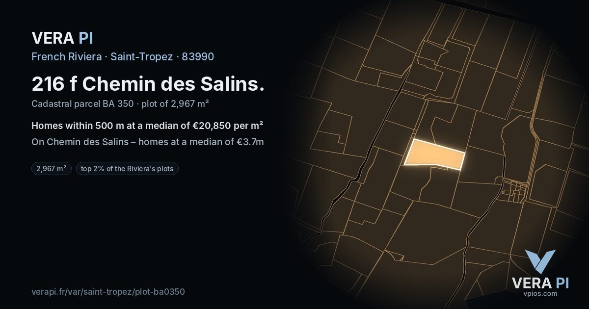 216 f Chemin des Salins, Saint-Tropez at night – the plot lit, the parcels around coloured by the prices near them