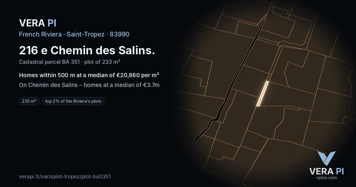 216 e Chemin des Salins, Saint-Tropez at night – the plot lit, the parcels around coloured by the prices near them