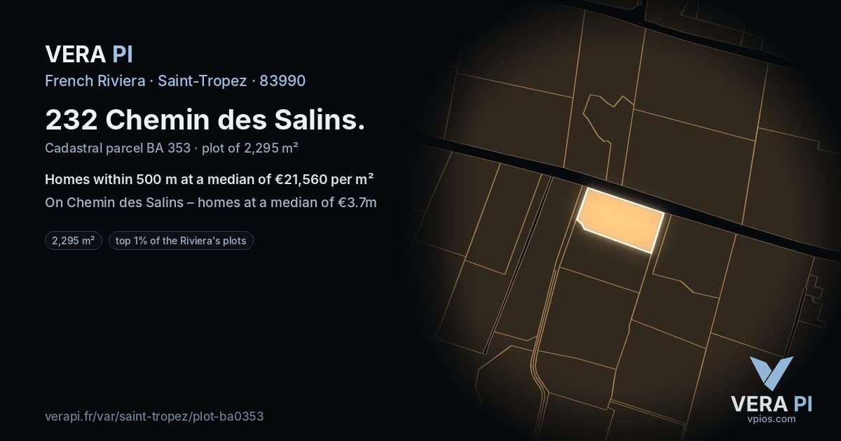 232 Chemin des Salins, Saint-Tropez at night – the plot lit, the parcels around coloured by the prices near them