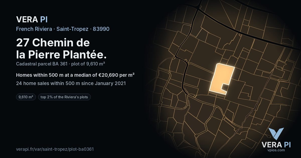 27 Chemin de la Pierre Plantée, Saint-Tropez at night – the plot lit, the parcels around coloured by the prices near them