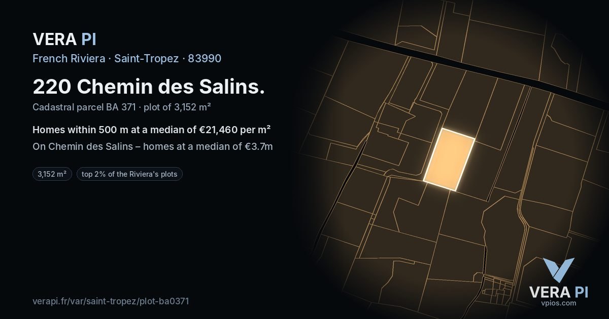 220 Chemin des Salins, Saint-Tropez at night – the plot lit, the parcels around coloured by the prices near them