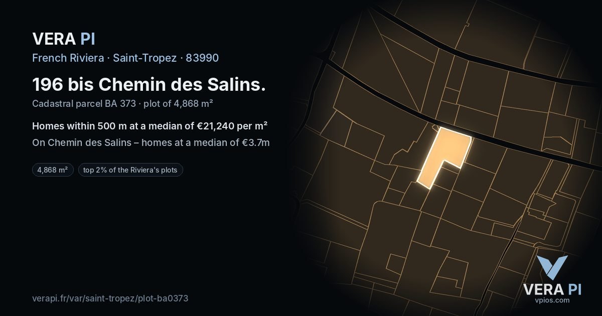 196 bis Chemin des Salins, Saint-Tropez at night – the plot lit, the parcels around coloured by the prices near them