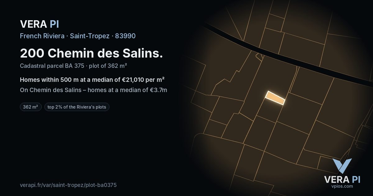200 Chemin des Salins, Saint-Tropez at night – the plot lit, the parcels around coloured by the prices near them