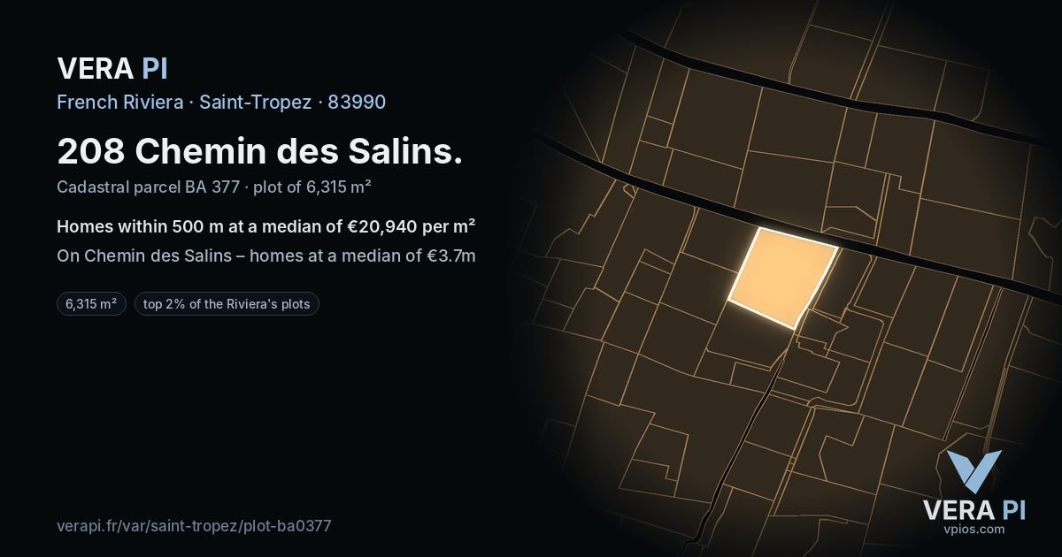 208 Chemin des Salins, Saint-Tropez at night – the plot lit, the parcels around coloured by the prices near them