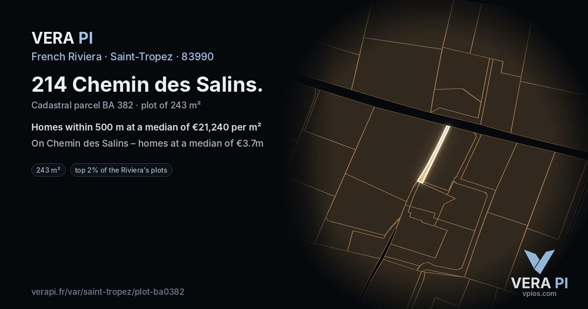 214 Chemin des Salins, Saint-Tropez at night – the plot lit, the parcels around coloured by the prices near them