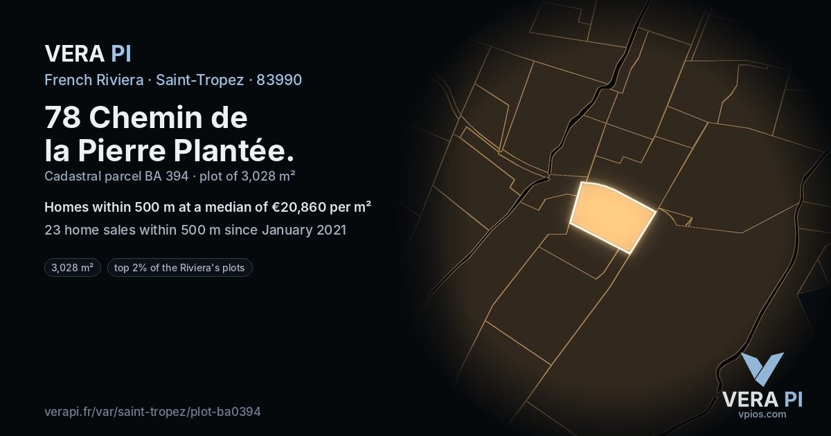 78 Chemin de la Pierre Plantée, Saint-Tropez at night – the plot lit, the parcels around coloured by the prices near them