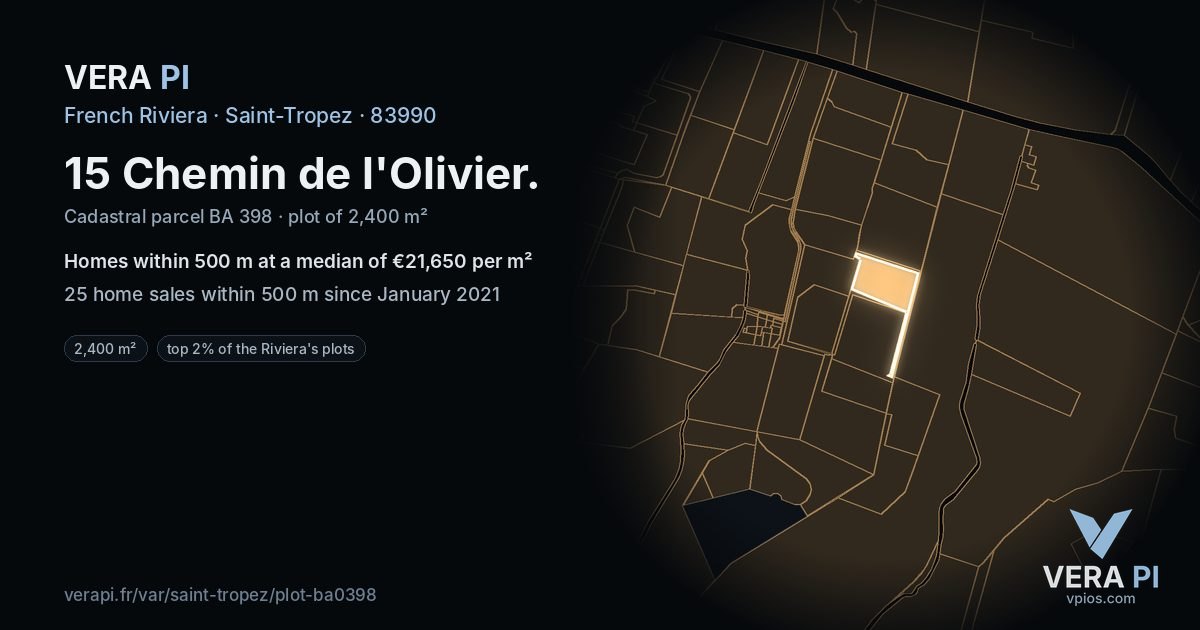 15 Chemin de l'Olivier, Saint-Tropez at night – the plot lit, the parcels around coloured by the prices near them